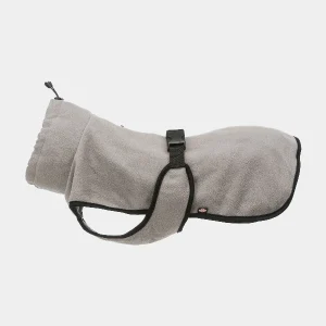 Abrigo polar para perros de color gris, con cuello alto ajustable, hebilla de ajuste en el abdomen y diseño cómodo