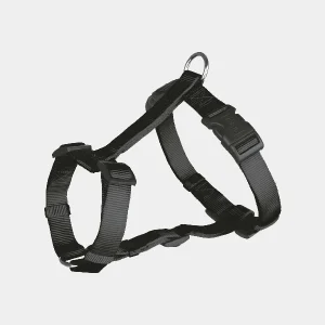 Arnés para perros ajustable de nailon negro, con hebillas de plástico resistente y anilla metálica, disponible en La Perrotienda
