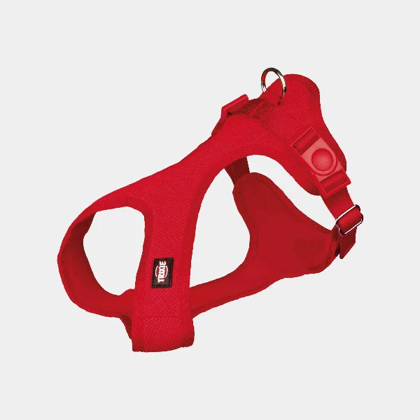 Arnés suave para perros de color rojo, acolchado y completamente ajustable, hecho de malla transpirable para asegurar el máximo confort y seguridad durante los paseos