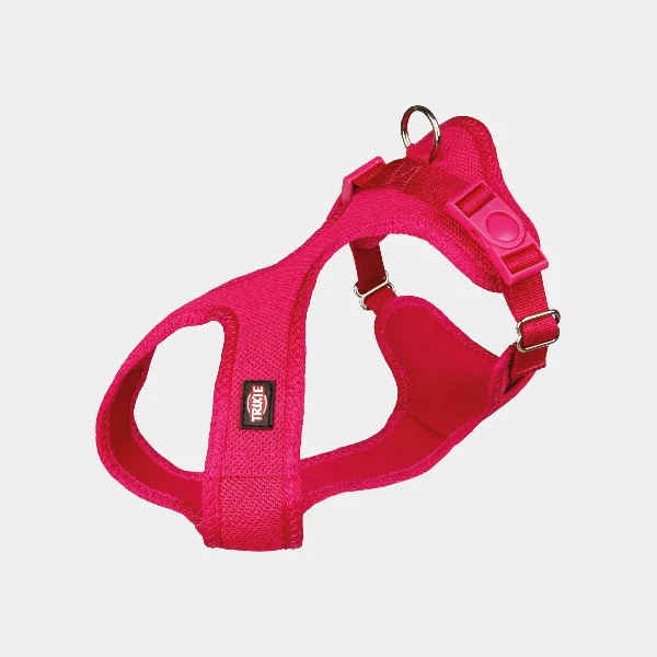 Arnés suave para perros de color fucsia, acolchado y ajustable, fabricado con malla transpirable para mayor confort y seguridad durante los paseos