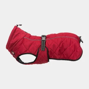 Capa de invierno para perros en color rojo, hecha de poliéster con cremalleras impermeables y tiras ajustables, diseñada para mantener a las mascotas abrigadas y cómodas en climas fríos