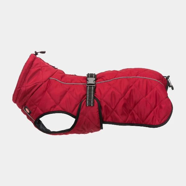 Capa de invierno para perros en color rojo, hecha de poliéster con cremalleras impermeables y tiras ajustables, diseñada para mantener a las mascotas abrigadas y cómodas en climas fríos