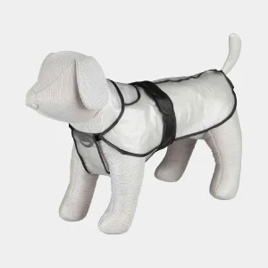 Chubasquero para perros ajustable en modelo de perro de exhibición Modelo de perro de exhibición con chubasquero para perros transparente, bordes negros y cierre de cinta ajustable