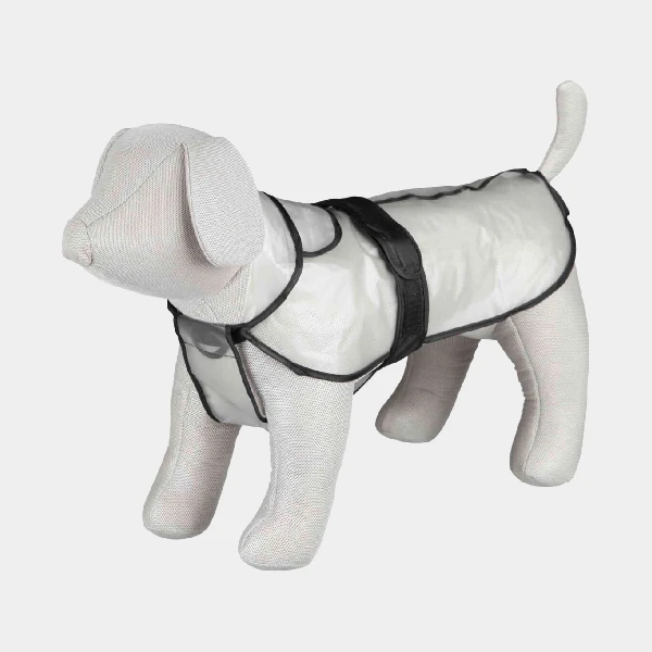 Modelo de perro de exhibición con chubasquero para perros transparente, bordes negros y cierre de cinta ajustable
