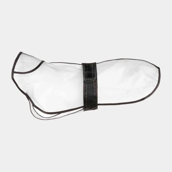 Chubasquero para perros transparente con bordes negros, cinta de cierre y diseño impermeable