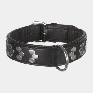 Collar canino de piel negra con aplicaciones metálicas hexagonales, diseño duradero y elegante para perros