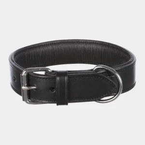 Collar de piel negro para perros con hebilla de metal y diseño cosido, ideal para mascotas de todas las razas