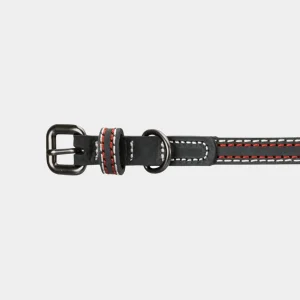 Collar elegante para perros con diseño delgado y detalles en rojo Vista lateral de un collar elegante para perros en piel negra con detalles de costura en rojo y hebilla metálica, combinando estilo y durabilidad