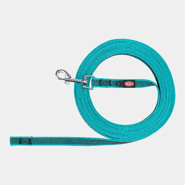 Correa larga para perros de color turquesa, con clip metálico resistente y etiqueta de marca, perfecta para entrenamientos y paseos extensos