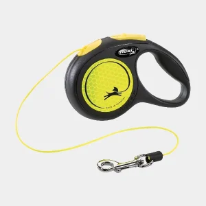 Correa de cuerda para perros Flexi New Neon con sistema de frenado y laterales reflectantes para paseos seguros