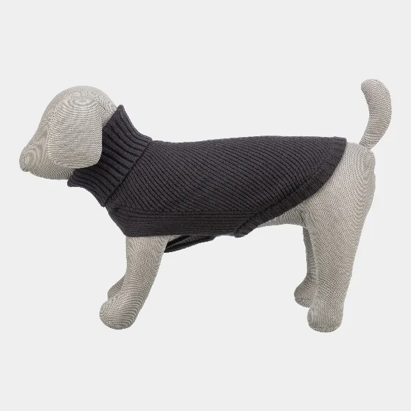 Perro modelo con jersey de lana antracita, diseñado con cuello alto para proporcionar calidez y comodidad, ideal para mantener a tu mascota abrigada en climas fríos