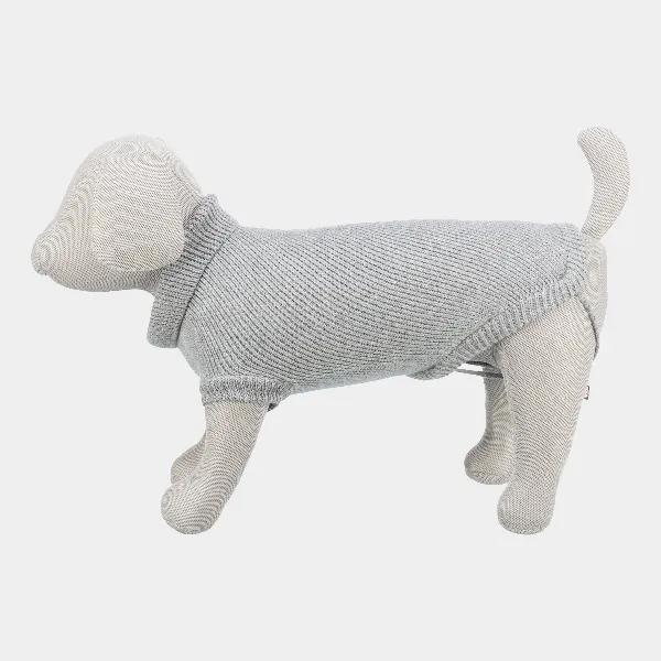 Perro modelo con jersey de lana gris, diseñado para proporcionar calidez y comodidad, con ajuste perfecto para mantener a tu mascota abrigada durante los días fríos