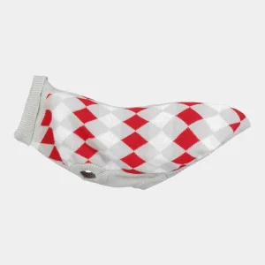 Jersey para cachorros de lana sintética en color blanco con un diseño a cuadros rojos y blancos, con cuello polar y dobladillo de refuerzo, ideal para mantener a los cachorros abrigados y cómodos