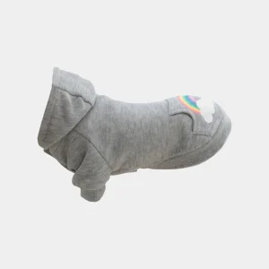Sudadera gris para perros pequeños con capucha y un diseño colorido de arcoíris en el lomo, ideal para mantener a tu mascota abrigada y a la moda