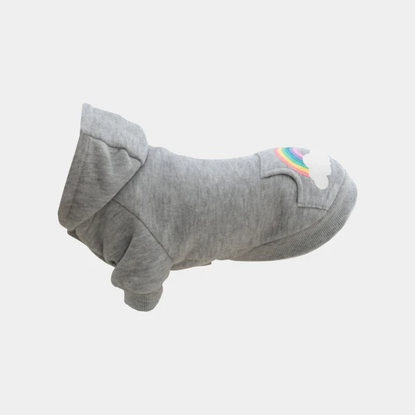 Sudadera gris para perros pequeños con capucha y un diseño colorido de arcoíris en el lomo, ideal para mantener a tu mascota abrigada y a la moda