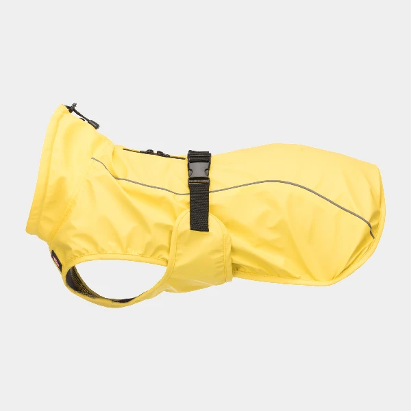 Traje impermeable para perros en color amarillo, diseñado con cierre ajustable en el abdomen y detalles reflectantes para mayor visibilidad