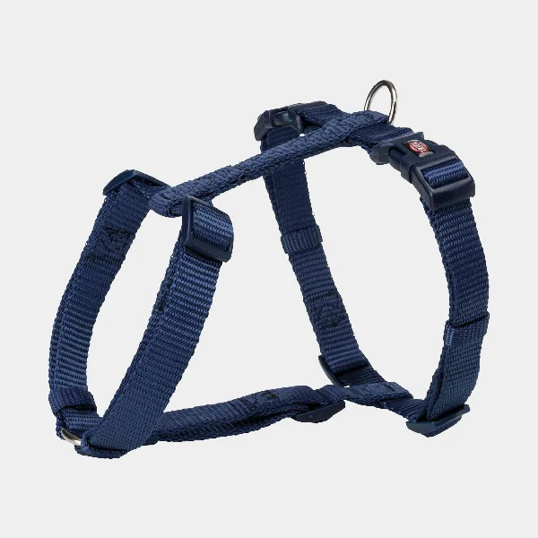 Arnés tipo H para perros en color azul añil, hecho de material resistente y ajustable, ideal para paseos cómodos y seguros