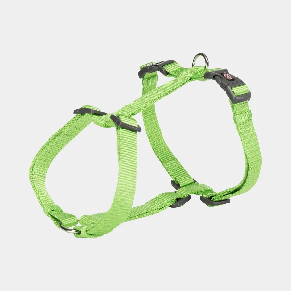 Arnés tipo H para perros en color verde manzana, hecho de material resistente y ajustable, ideal para paseos cómodos y seguros