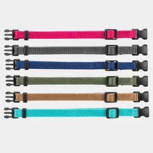 Colección de collares para perros cachorros en texturas y colores variados como rosa, azul, verde, marrón y turquesa, con hebillas resistentes