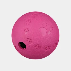 Pelota de caucho para perro de color rosa con diseño de huellas, ideal para mantener a tu mascota activa y entretenida