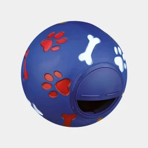Pelota para perros interactiva de color azul con diseño de huellas y huesos