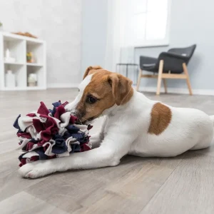 Perro Jugando con Pelota de Olfato – Estimulación Mental y Diversión Perro pequeño jugando con una pelota de olfato para perros hecha de poliéster con borlas de diferentes longitudes y colores