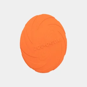 Frisbee para perros de caucho natural en color naranja, diseñado para ser resistente y seguro