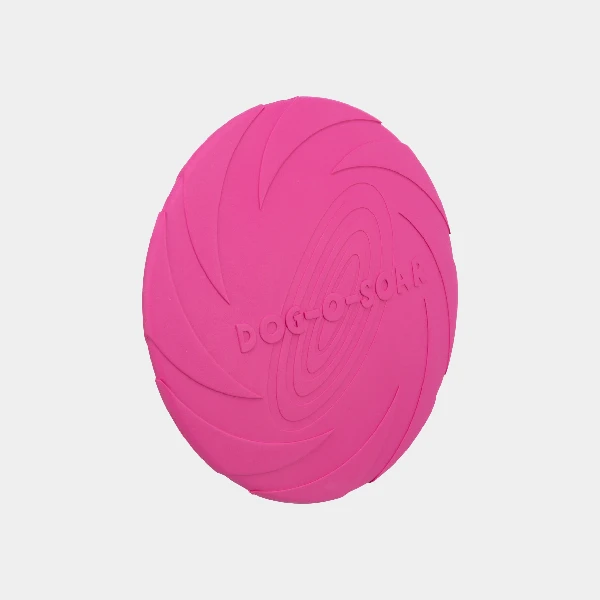 Frisbee para perros de caucho natural en color rosa, diseñado para ser resistente y seguro, ideal para el entretenimiento y ejercicio de tu mascota.