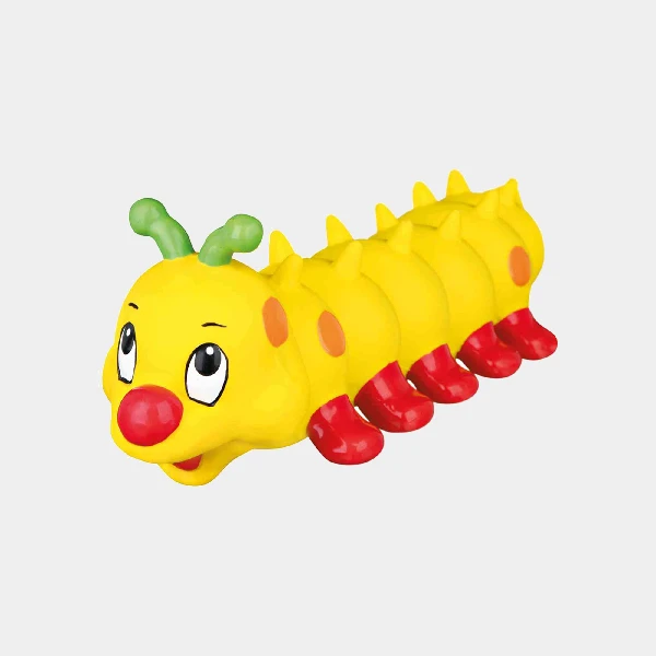 Oruga de látex con sonido para perros, color amarillo con detalles rojos y verdes