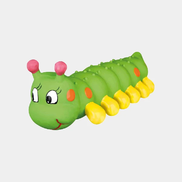 Oruga de látex con sonido para perros, color verde con detalles amarillos y rosados
