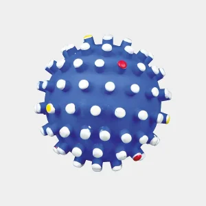 Pelota pequeña para perros de vinilo azul con textura de picos y colores