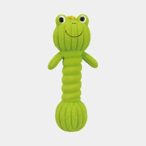 Pesa con forma de rana para perros, hecha de látex resistente en color verde. Ideal para mantener a los perros entretenidos y activos, con sonido integrado para mayor diversión