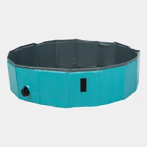 Piscina portátil para perros en color azul con estructura reforzada y base antideslizante, fácil de montar y vaciar con válvula de drenaje