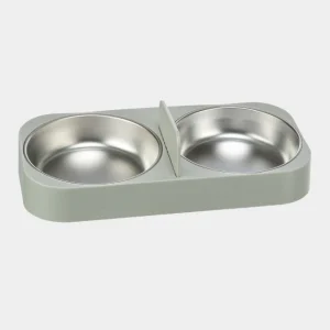 Comedero para perros doble con cuencos de acero inoxidable, diseño antideslizante y placa separadora para alimentar a dos mascotas al mismo tiempo