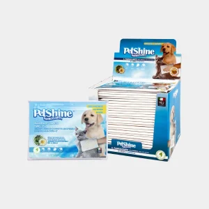 Paquete y caja expositora de manoplas de camomila para perros PetShine con fragancia de té verde