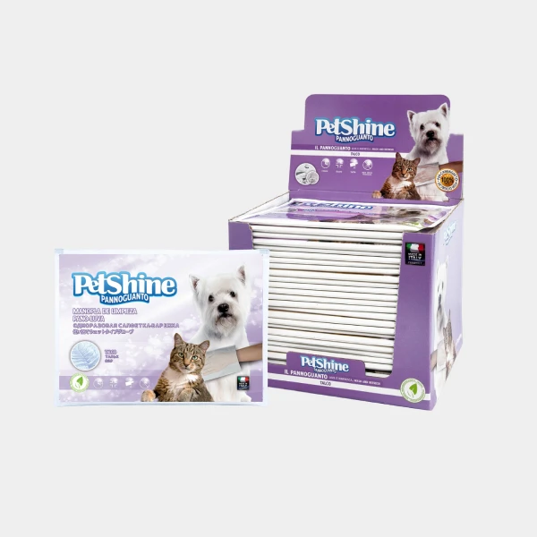 Manopla de talco antigarrapatas para perros PetShine, paquete individual y caja expositora