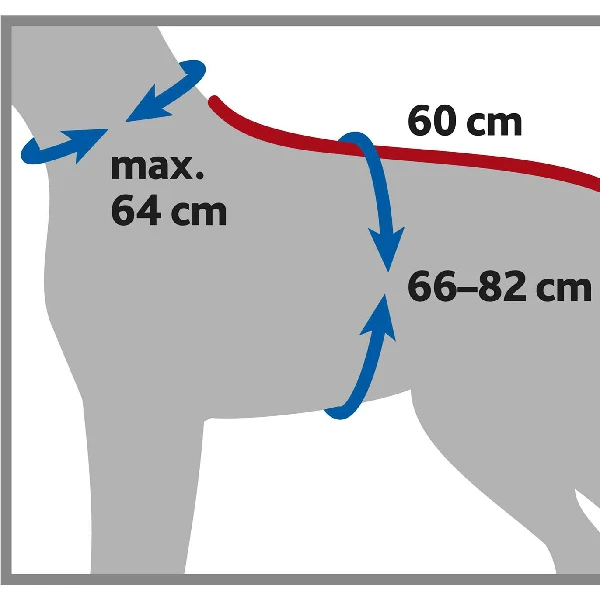 Guía de tallas del albornoz para perros, mostrando medidas de cuello, largo y abdomen para un ajuste perfecto