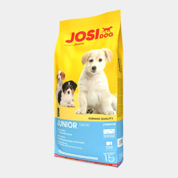 Saco de 15 kg de pienso para perros cachorros JosiDog Junior, diseñado para un crecimiento saludable, con 79 % de proteína animal y receta sin gluten, ideal para todas las razas