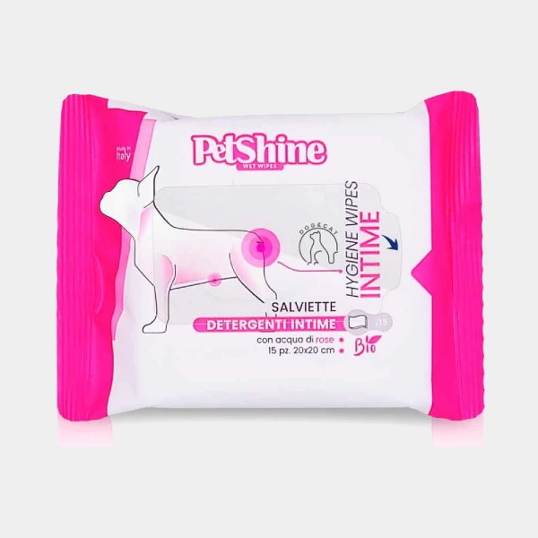 Paquete de toallitas húmedas para perros PetShine con agua de rosa, 15 unidades. Ideales para una limpieza rápida y efectiva, manteniendo a tu mascota fresca y limpia.