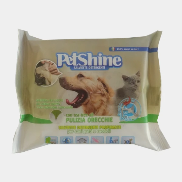 Paquete de 15 toallitas PetShine para limpiar orejas de perros con aceite de árbol de té, ideales para mantener la higiene y desinfección diaria de mascotas