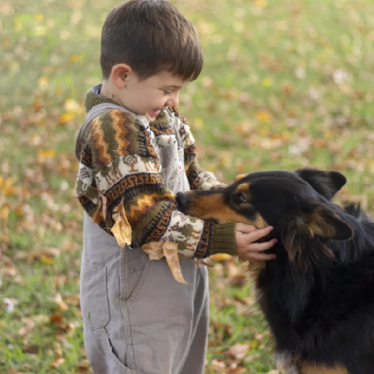 Niño interactuando con un perro en un parque, mostrando la importancia de elegir un perro adecuado para familias con niños