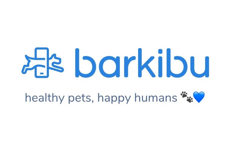 Logo de Barkibu con un diseño moderno que incluye un icono de un perro junto a un teléfono móvil y el eslogan "Healthy pets, happy humans" acompañado de huellas y un corazón azul
