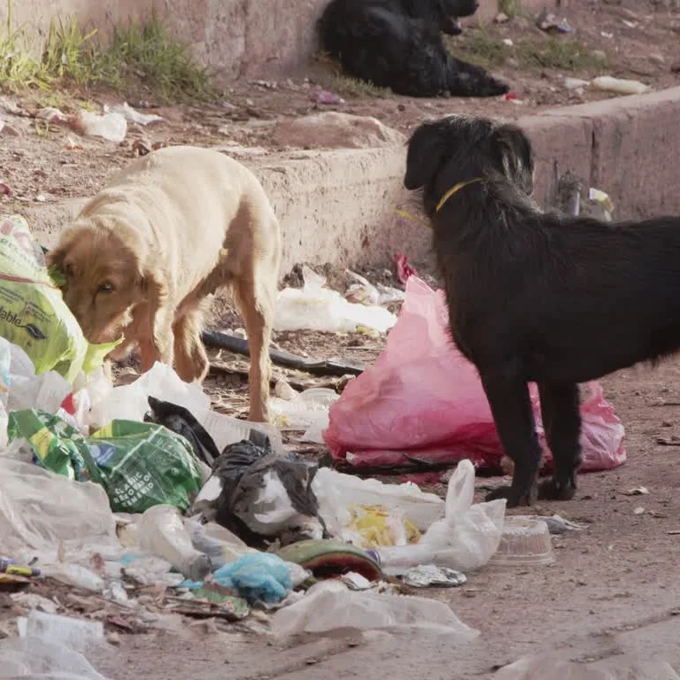 Perros abandonados buscando comida entre la basura, mostrando las difíciles condiciones que enfrentan los animales sin hogar